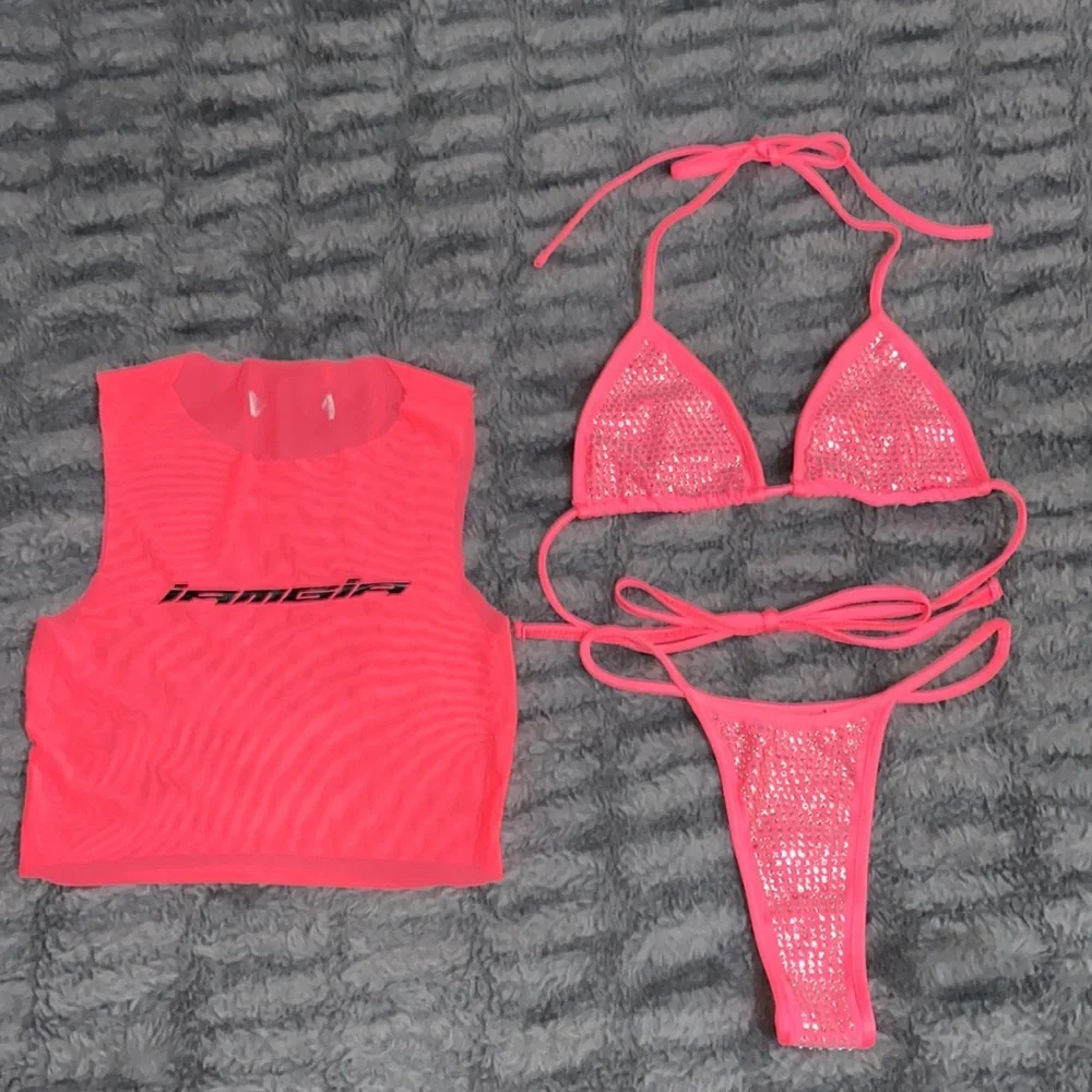 I.AM.GIA 3 Piece Set - Hot Pink Candy Kora Thong Bikini with Mesh Kiera Tank - Picture 11 of 17